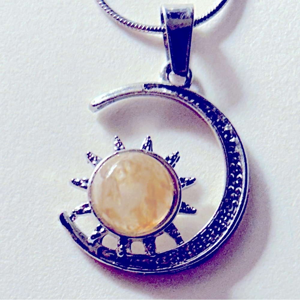 NWOT Necklace Citrine stone sun, Crescent Moon .925 Sterling Silverpl. chain 18”